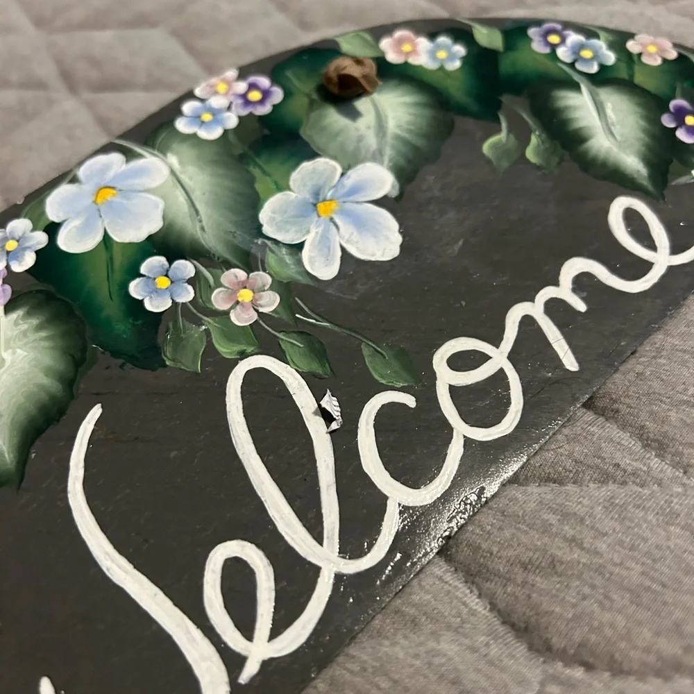 Hand Painted Floral Welcome Sign on Slate